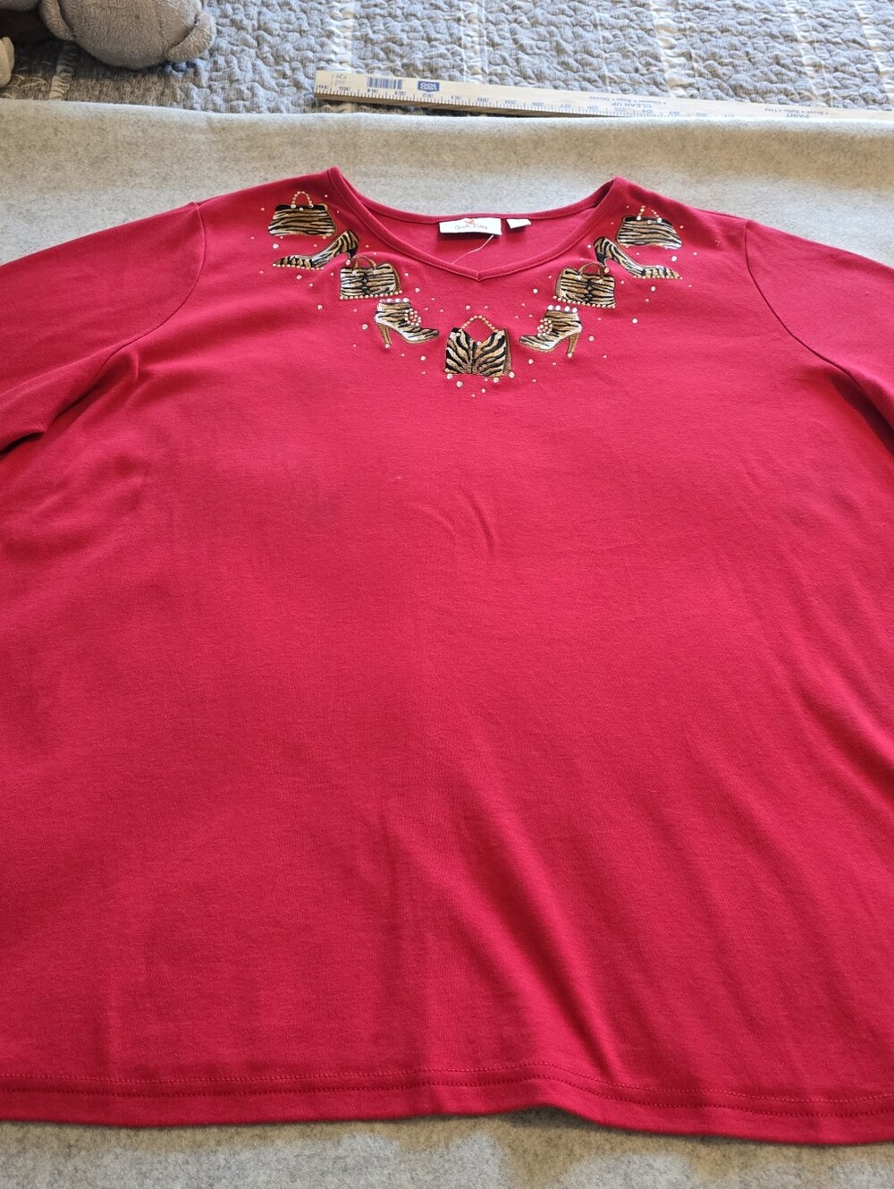 Quacker Factory Red Long Sleeve Embellished V-Neck Top 3X